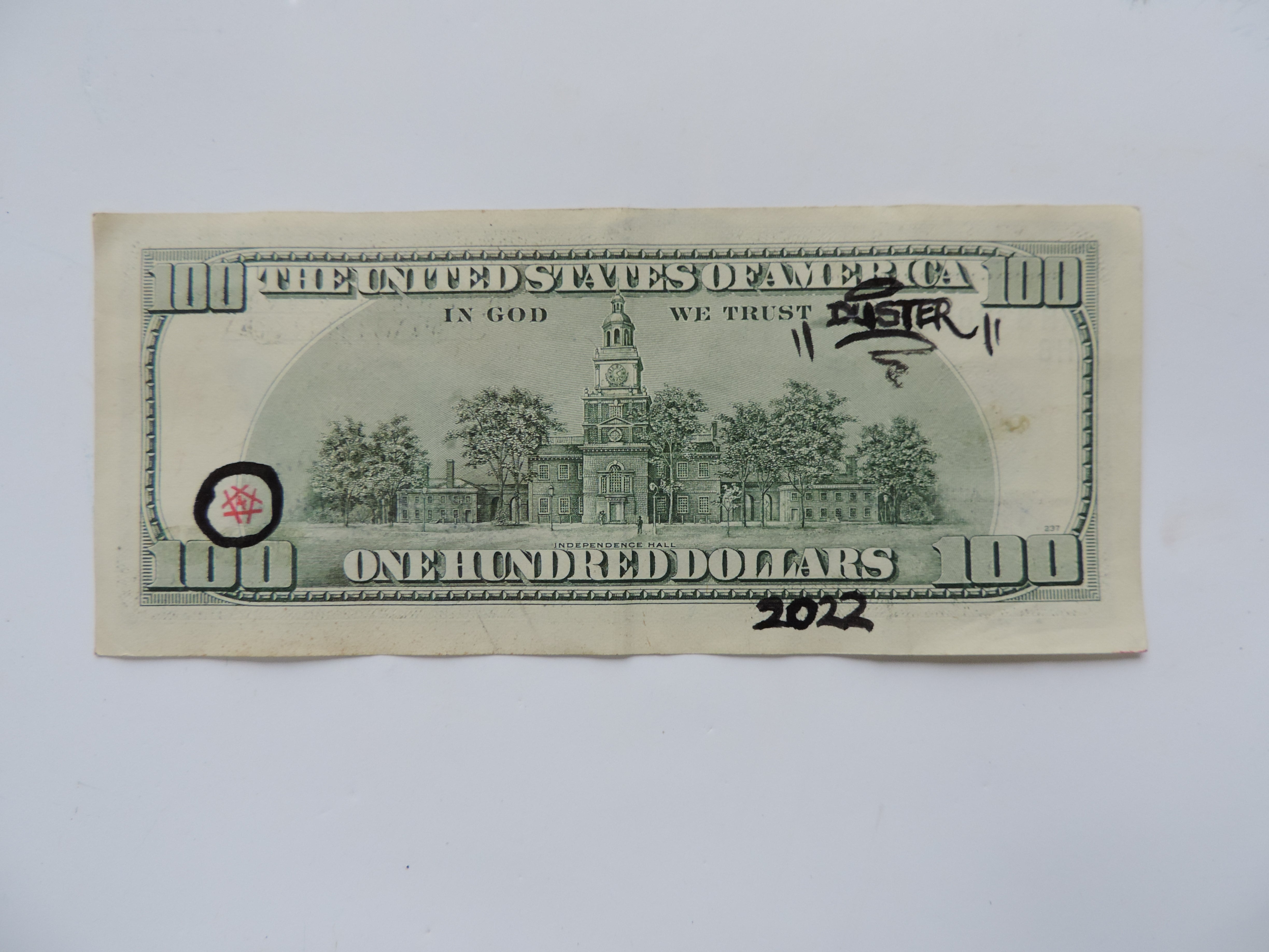 Original Duster Throwie on US $100 Dollar Bill - 013